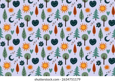 Vibrant floral seamless pattern. Stylized suns, leaves, and hearts in refreshing teal and green. Great for apparel, home decor, and wrapping paper. Cheerful, natural aesthetic