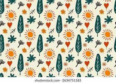Vibrant floral seamless pattern. Stylized suns, leaves, and hearts in refreshing teal and green. Great for apparel, home decor, and wrapping paper. Cheerful, natural aesthetic
