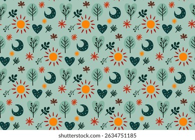 Vibrant floral seamless pattern. Stylized suns, leaves, and hearts in refreshing teal and green. Great for apparel, home decor, and wrapping paper. Cheerful, natural aesthetic