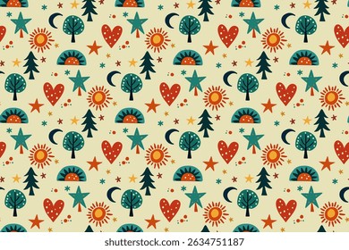 Vibrant floral seamless pattern. Stylized suns, leaves, and hearts in refreshing teal and green. Great for apparel, home decor, and wrapping paper. Cheerful, natural aesthetic