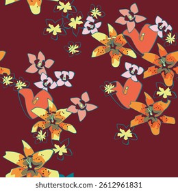 Vibrant Floral Seamless Pattern with Yellow and Orange Lilies on Maroon Background, splatter blooms for Textile Print on Fabric