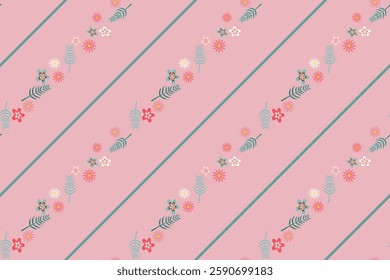 Vibrant floral seamless vector pattern featuring various flowers and green leaves arranged diagonally across a pink background, perfect for fabric designs and home accents.
