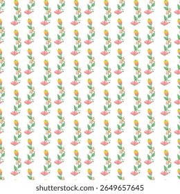 Vibrant floral stalks featuring pink flowers, yellow buds, and green leaves arranged in a seamless pattern on a white background, perfect for decorative, textile, and digital design projects.	