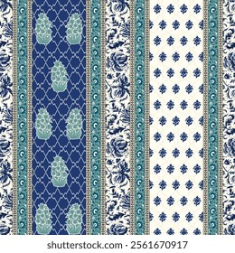 Vibrant Floral Stripe Textile Design in Navy and Teal