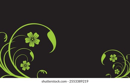 A vibrant floral swirl pattern in neon green on black. Features blooming flowers and delicate leaves