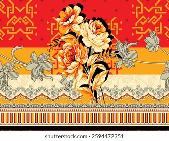 A vibrant floral textile design featuring a bouquet of roses against a patterned background, for textile, wallpaper, gift wrapping, print