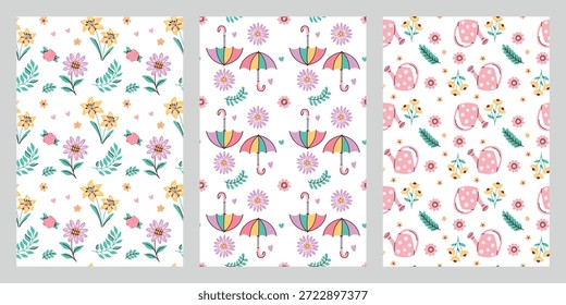 Lebendige Blumentexturen mit Regenbogenschirmen, die Dosen und blühende Lilien bewässern. Vertikal wiederkehrende Hintergründe für saisonale Gartenprojekte oder feminine Textildesigns.