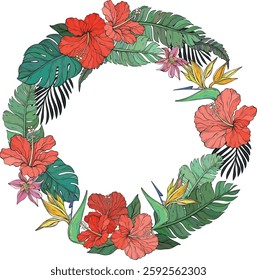 A vibrant floral vector illustration featuring a circular wreath composed of hibiscus flowers, bird of paradise flowers with lush green Monster and bananas leaves on white background