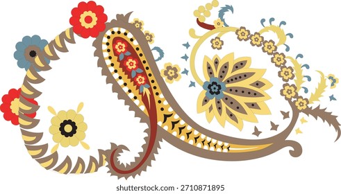 Padrão de vetor floral vibrante com motivos paisley coloridos, formas botânicas ornamentais e estilo de arte folclórica retro. Perfeito para impressões, têxteis, decoração e projetos de design criativo.
