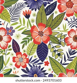 A vibrant floral vector pattern featuring various flowers, leaves, and branches in intricate designs. Perfect for wallpapers, fabrics, and stationery, adding a decorative and lively touch.