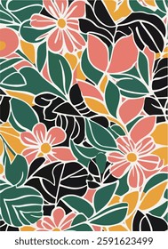 A vibrant floral vector pattern featuring various flowers, leaves, and branches in intricate designs. Perfect for wallpapers, fabrics, and stationery, adding a decorative and lively touch.