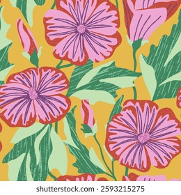 Vibrant floral vector seamless pattern. Bright red pink flowers and leaves on yellow background. Summer garden flowers hand drawn with brush texture. Bold joyful design for fabrics, wallpaper, print