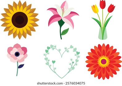 A vibrant floral vector set featuring a sunflower, lily, tulips in a vase, pastel flower, heart-shaped greenery, and a red daisy. Perfect for Valentine's Day or decorative designs.