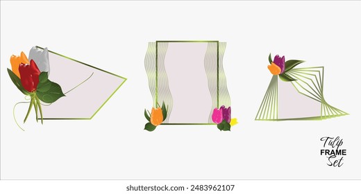 vibrant  florals and gold lines vector frames. , flowers,3d tulips . Spring wedding invitations. Easter cards. All elements are isolated and editable.