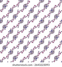 Vibrant floral-themed repeating pattern featuring intricate pink and purple flowers on a diagonal design. Suitable for various creative applications such as textiles, wallpapers