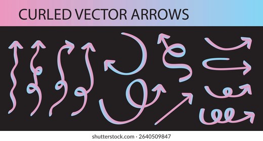 Vibrant, flourescendent and unique vector set of neon pink and blue gradient squiggly curled arrows in 3D effect, a modern pink-to-blue color transition, isolated.