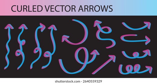 Vibrant, flourescendent and unique vector set of neon red and blue gradient squiggly curled arrows in 3D effect, a modern red-to-blue color transition, isolated.
