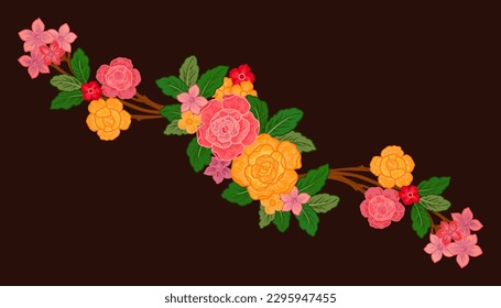 Flor vibrante contra Brown Elegante. Una flor exuberante, con pétalos delicados y hojas verdes vibrantes, destaca en un oscuro estudio de fondo.