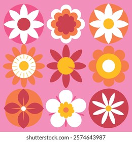 Vibrant flower arrangement in retro geometric style