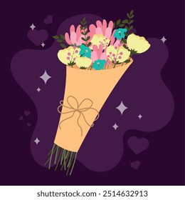 Vibrant flower bouquet with green leaves on a dark purple background Vector illustration