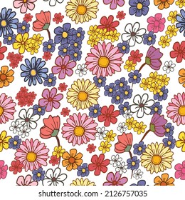 Vibrant Flower Ensemble: Infuse vibrancy into your designs with this seamless pattern of colorful flowers. Hand-drawn illustrations on a white background bring a lively and captivating botanical  