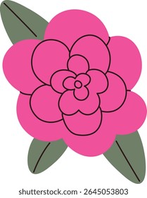 A vibrant flower with layered petals and two leaves in a bold cartoon style. The bloom features overlapping shapes and smooth lines for a playful look. Cartoon vector illustration.