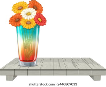 Vibrant flowers arranged in a vase on a wooden table.