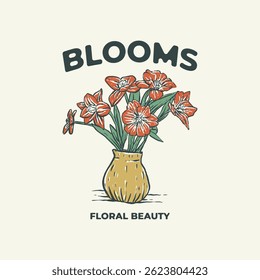 Flores vibrantes floreciendo en jarrón rústico. Diseño de camiseta de ilustración dibujada a mano con insignia de Antiguas