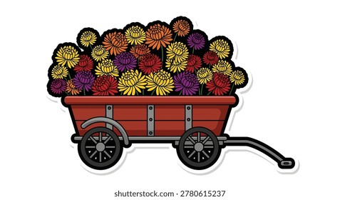 Vibrant flowers fill a red wagon