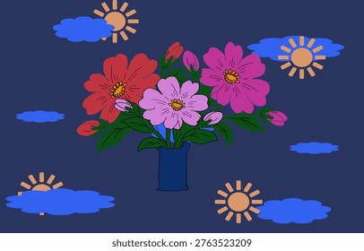 Vibrant flowers on a bark green background welcome spring,perfect for fabric patterns,wallpaper,paper,and decoration.