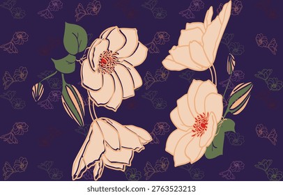 Vibrant flowers on a bark green background welcome spring,perfect for fabric patterns,wallpaper,paper,and decoration.