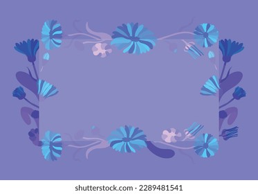 Vibrant flowers are put around a rectangular shape on a blue background. Frame made from the bright blue Calendula flowers. Floral frame for any design ideas.