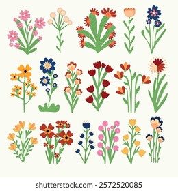 Vibrant Flowers. A set of colorful blooming flowers with detailed and decorative designs. Includes a variety of flower shapes and arrangements