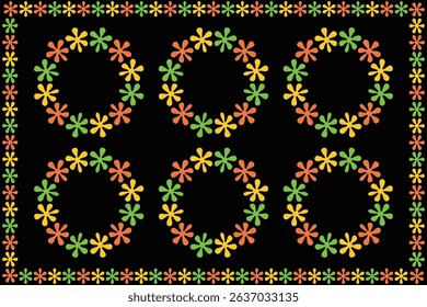 Vibrant flower-shaped frames on a black background.