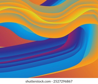 Design de onda abstrata de fluxo vibrante em tons de laranja, amarelo e azul com efeitos de gradiente