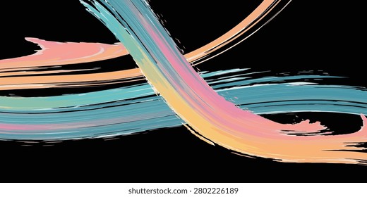 Vibrant and flowing paint strokes in shades of blue, pink, and orange create an energetic and artistic abstract design against a stark black backdrop.