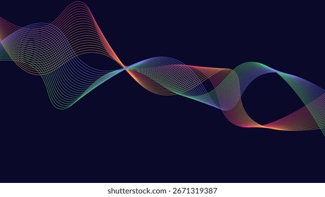 Linhas de onda fluindo vibrantes no gradiente do arco-íris formando curvas abstratas em um fundo escuro, perfeito para design moderno, ilustração vetorial