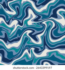 A vibrant and fluid abstract background. It features a psychedelic, groovy pattern of swirling, distorted lines in a cool color palette of navy blue, teal, aqua, and off white.
