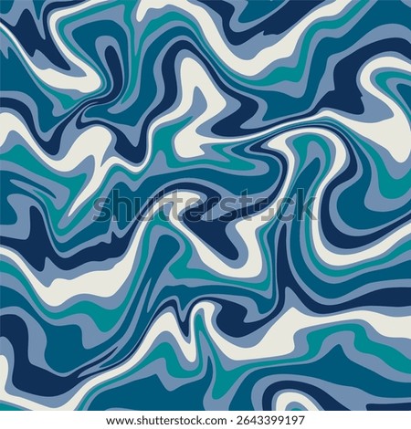 A vibrant and fluid abstract background. It features a psychedelic, groovy pattern of swirling, distorted lines in a cool color palette of navy blue, teal, aqua, and off white.