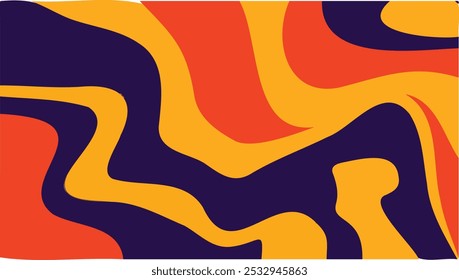 Vibrant, fluid abstract background in orange, yellow, purple hues. Ideal for modern art, textiles, and creative projects. Energetic and dynamic with flowing shapes. 