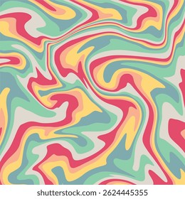 A vibrant, fluid, abstract background with swirling shapes in pastel and bright colors, evoking a psychedelic and groovy retro style.