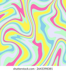 A vibrant and fluid abstract background with a swirling, wavy pattern. Its distorted lines and pastel color palette of pink, yellow, blue, and green.