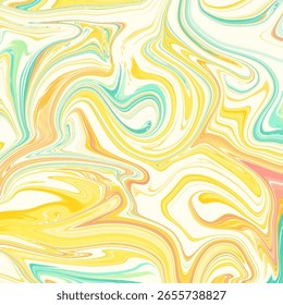 Vibrant fluid marble texture in yellow, turquoise, and coral hues. Perfect for abstract backgrounds, art projects, and prints. Marble, Abstract, Swirl, Fluid, Colorful.