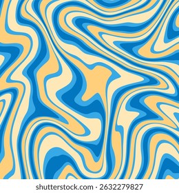 a vibrant, fluid, and retro inspired abstract pattern with wavy lines and bold swirls in shades of blue, beige, and yellow.