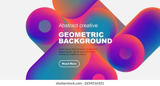 Formas fluidas vibrantes se sobrepõem ao plano de fundo preto. O texto promove o design geométrico, inclui o botão de chamada para ação. Estética moderna.