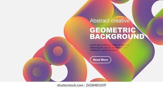 Las Formas fluidas vibrantes se superponen al espacio negro. Los Gradientes coloridos crean el fondo geométrico moderno con el texto, el Botón.
