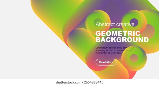 Vibrant fluid shapes overlap, creating colorful geometric background. Text promotes content with read more button.