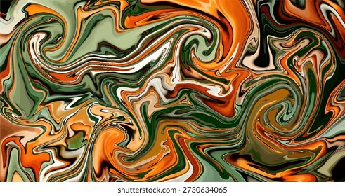 Um design abstrato vibrante, em mármore fluido, com redemoinhos energéticos de laranja, verde sálvia e obsidiana profunda.