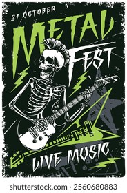 A vibrant flyer promoting a metal fest scheduled for October 21. The design features a skeleton playing guitar surrounded by lightning bolts and energetic graphics.