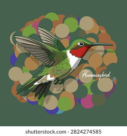 Vibrant Flying Hummingbird Vector Illustration Art. Vivid ruby-throated hummingbird vector illustration in mid-flight with a colorful abstract geometric dot background. Ideal for nature prints, apparel and wall art. National Hummingbird Day on September.
